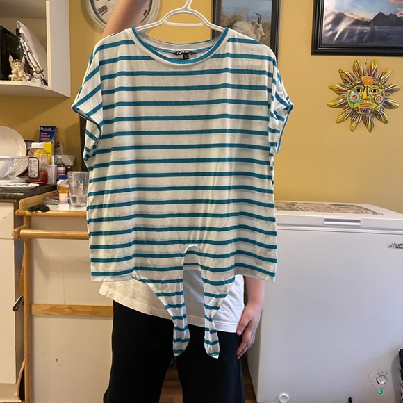 Green and White striped cap sleeve spring Shirt - Picture 2 of 6